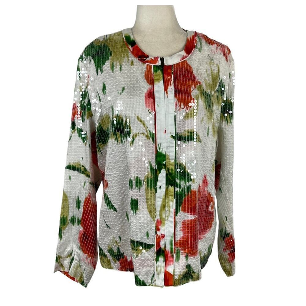 New Chicos Shimmer Floral Giovanna Sequin Jacket in Optic White Red Green Size 3